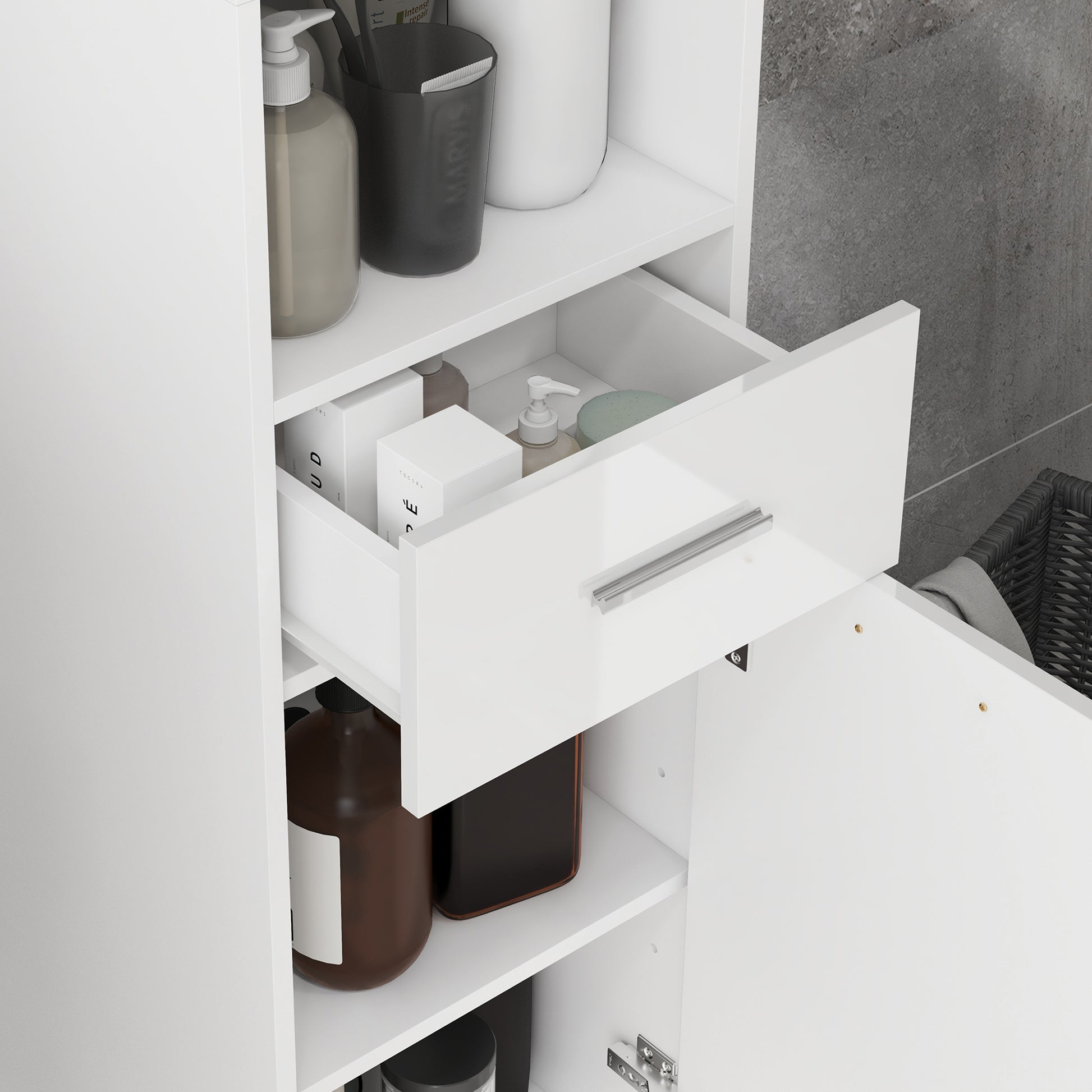 Slim Bathroom Cabinet, Tall Toilet Cabinet with High Gloss White Drawer, Adjustable Shelf and 2 Open Compartments, for Small Spaces Bathroom 30 x 30 x 180 cm White