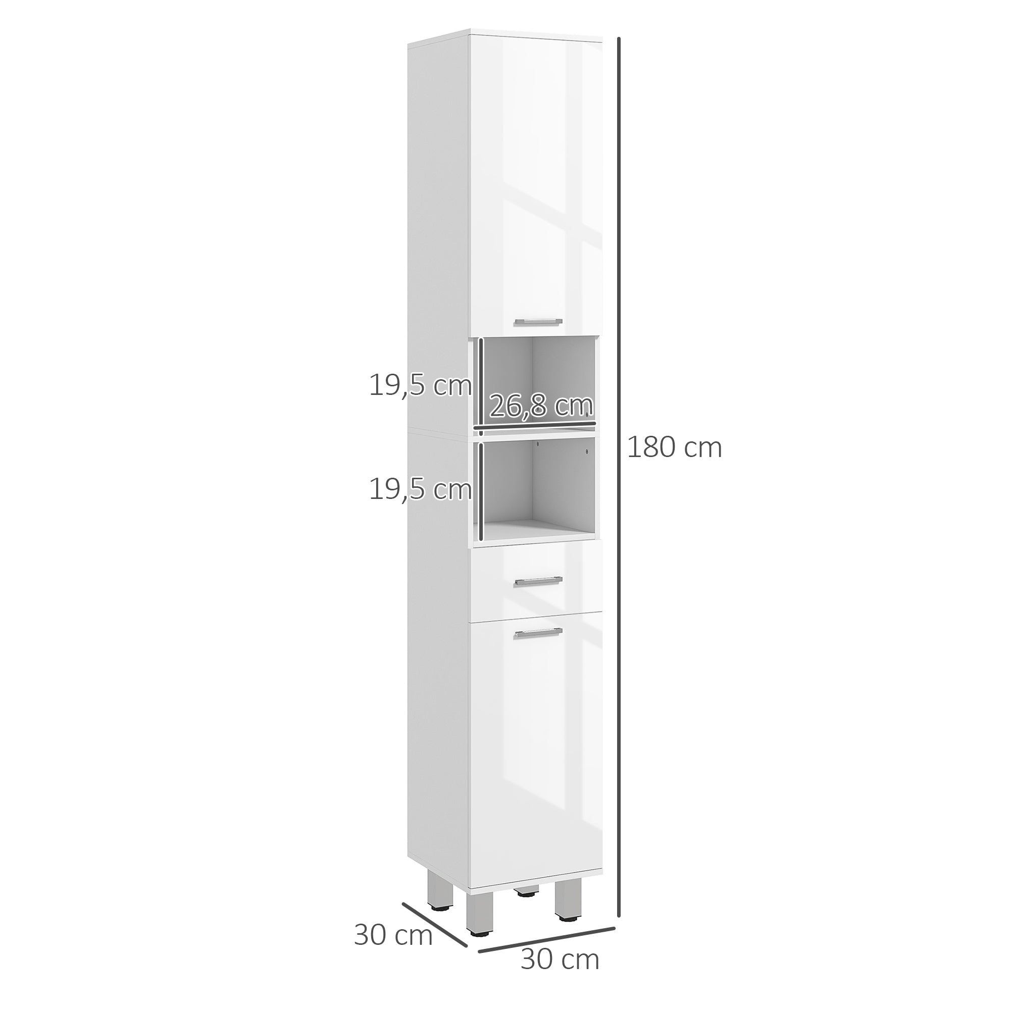 Slim Bathroom Cabinet, Tall Toilet Cabinet with High Gloss White Drawer, Adjustable Shelf and 2 Open Compartments, for Small Spaces Bathroom 30 x 30 x 180 cm White