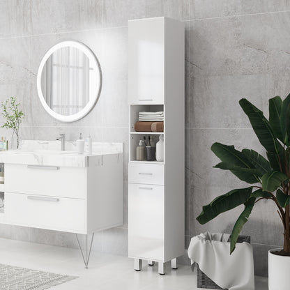 Slim Bathroom Cabinet, Tall Toilet Cabinet with High Gloss White Drawer, Adjustable Shelf and 2 Open Compartments, for Small Spaces Bathroom 30 x 30 x 180 cm White