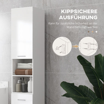 Slim Bathroom Cabinet, Tall Toilet Cabinet with High Gloss White Drawer, Adjustable Shelf and 2 Open Compartments, for Small Spaces Bathroom 30 x 30 x 180 cm White