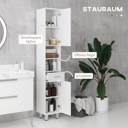 Slim Bathroom Cabinet, Tall Toilet Cabinet with High Gloss White Drawer, Adjustable Shelf and 2 Open Compartments, for Small Spaces Bathroom 30 x 30 x 180 cm White