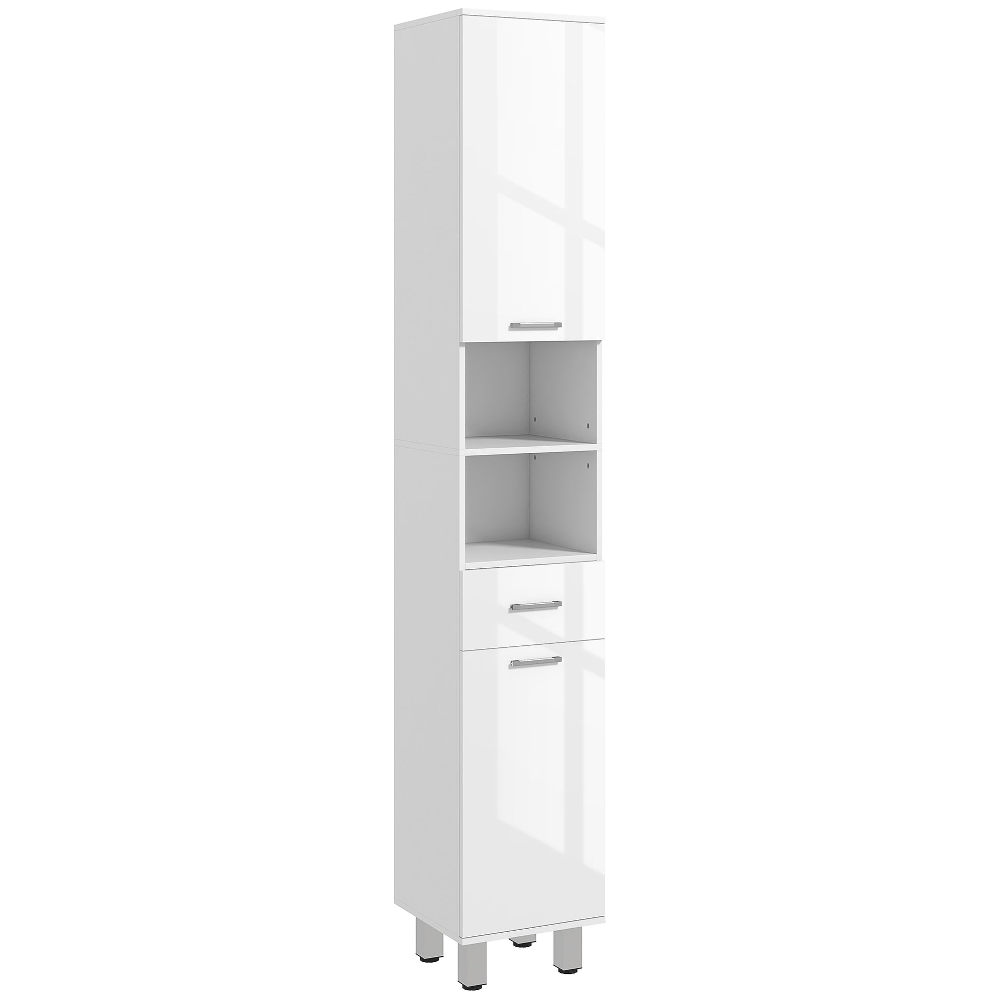 Slim Bathroom Cabinet, Tall Toilet Cabinet with High Gloss White Drawer, Adjustable Shelf and 2 Open Compartments, for Small Spaces Bathroom 30 x 30 x 180 cm White
