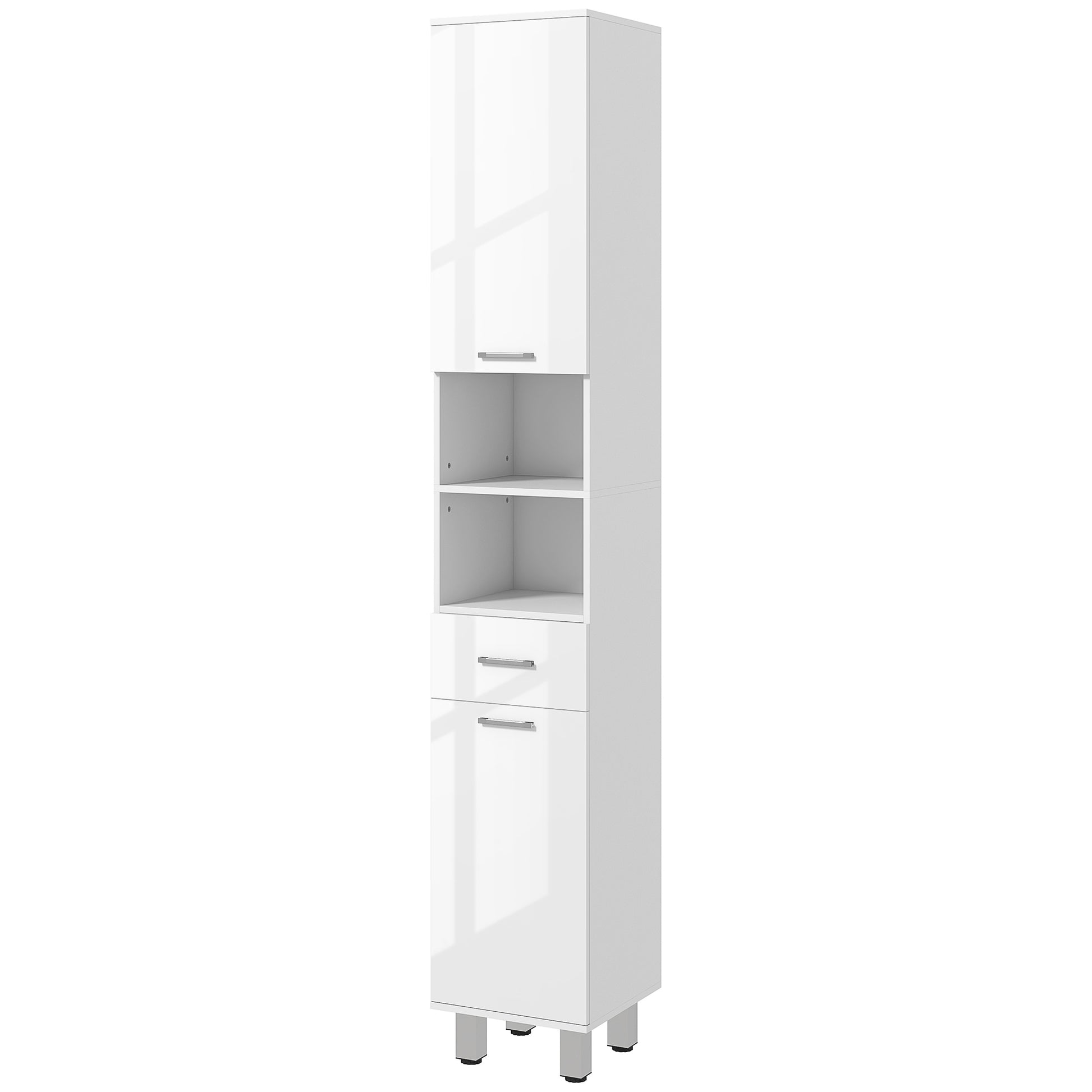 Slim Bathroom Cabinet, Tall Toilet Cabinet with High Gloss White Drawer, Adjustable Shelf and 2 Open Compartments, for Small Spaces Bathroom 30 x 30 x 180 cm White