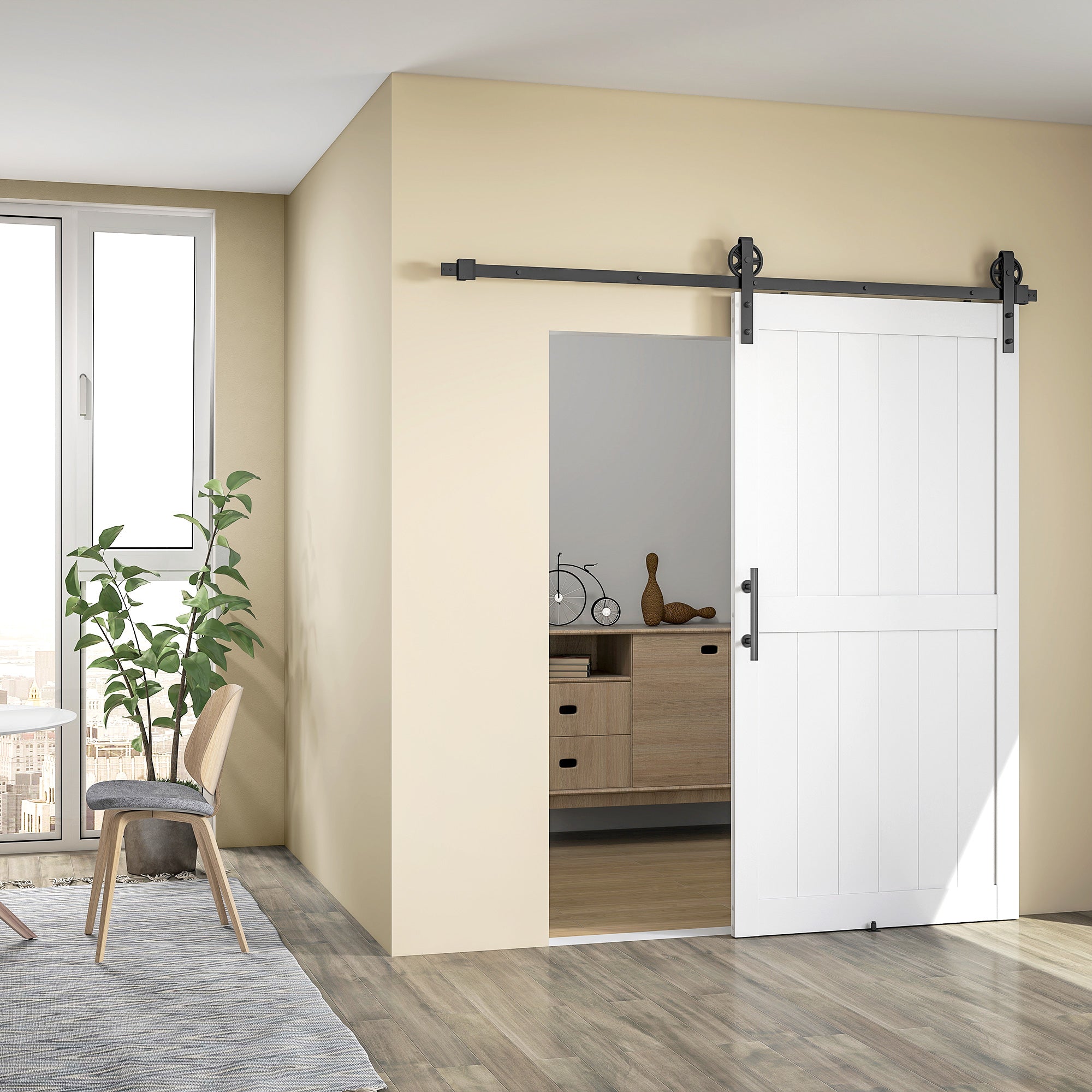 Country-Style Sliding Barn Door with Track & Hardware, MDF & Carbon Steel, 42 x 84 in, White/Black