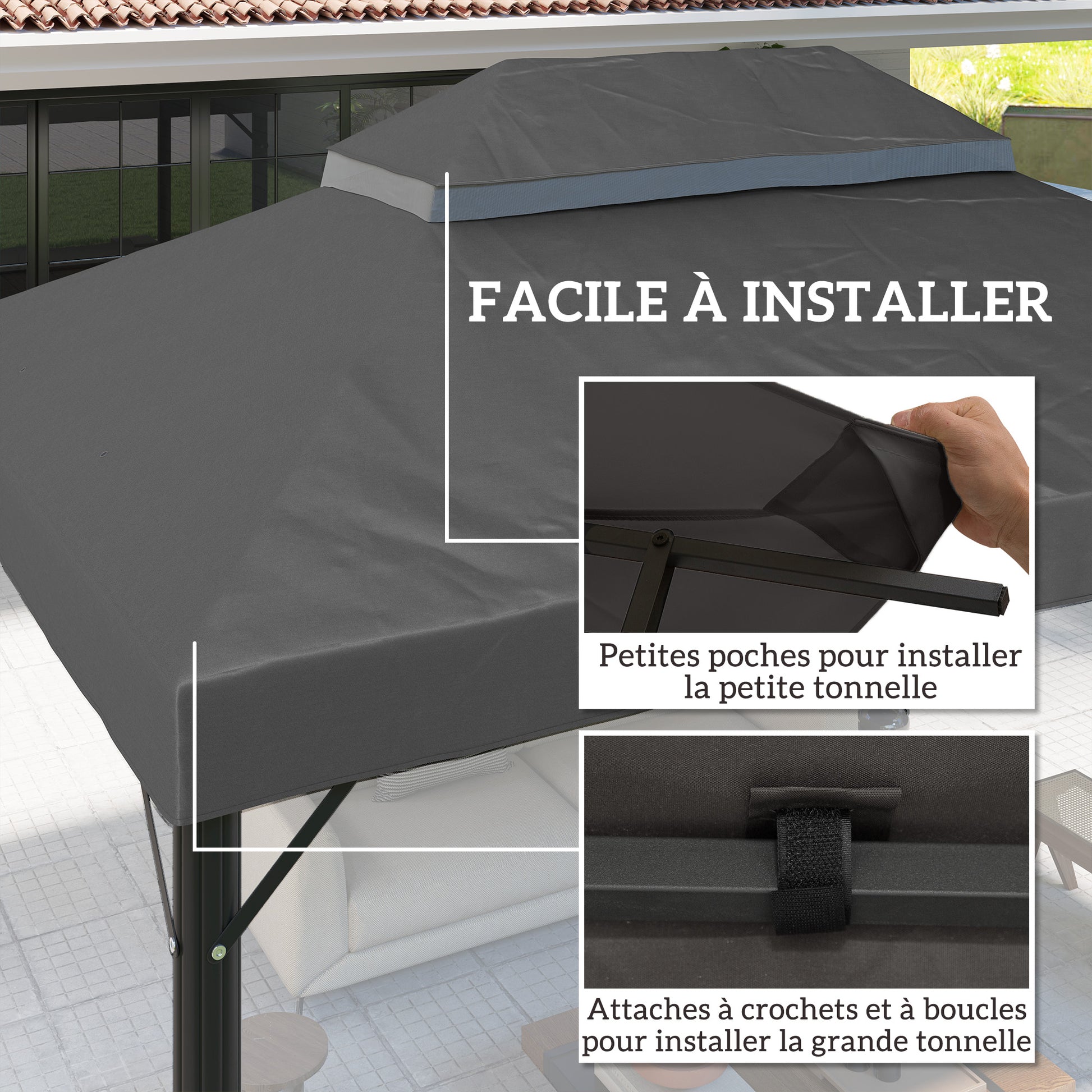 Replacement Canopy for Gazebo Tent Roof 4 x 3m, Double Roof with Drainage Holes, High Density 370g/m² Polyester, UPF30+ Sun Protection, CANOPY ONLY INCLUDED, Dark Gray