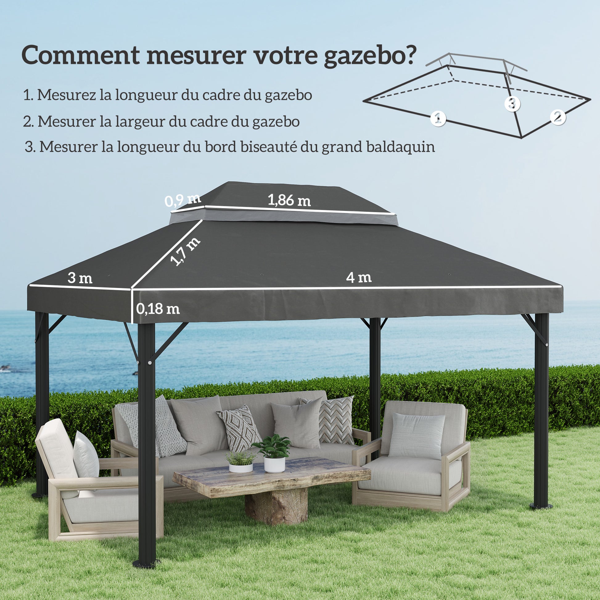 Replacement Canopy for Gazebo Tent Roof 4 x 3m, Double Roof with Drainage Holes, High Density 370g/m² Polyester, UPF30+ Sun Protection, CANOPY ONLY INCLUDED, Dark Gray