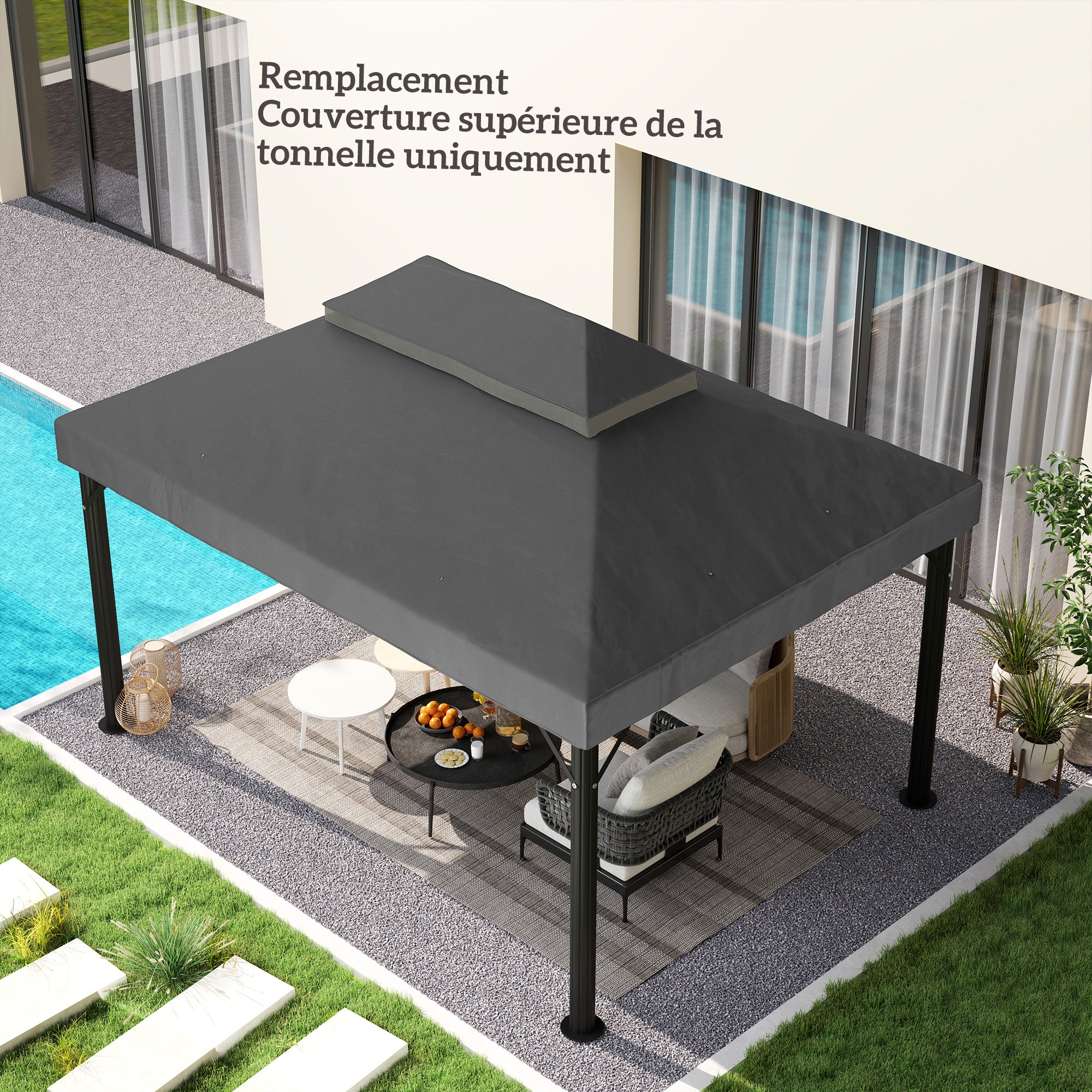 Replacement Canopy for Gazebo Tent Roof 4 x 3m, Double Roof with Drainage Holes, High Density 370g/m² Polyester, UPF30+ Sun Protection, CANOPY ONLY INCLUDED, Dark Gray
