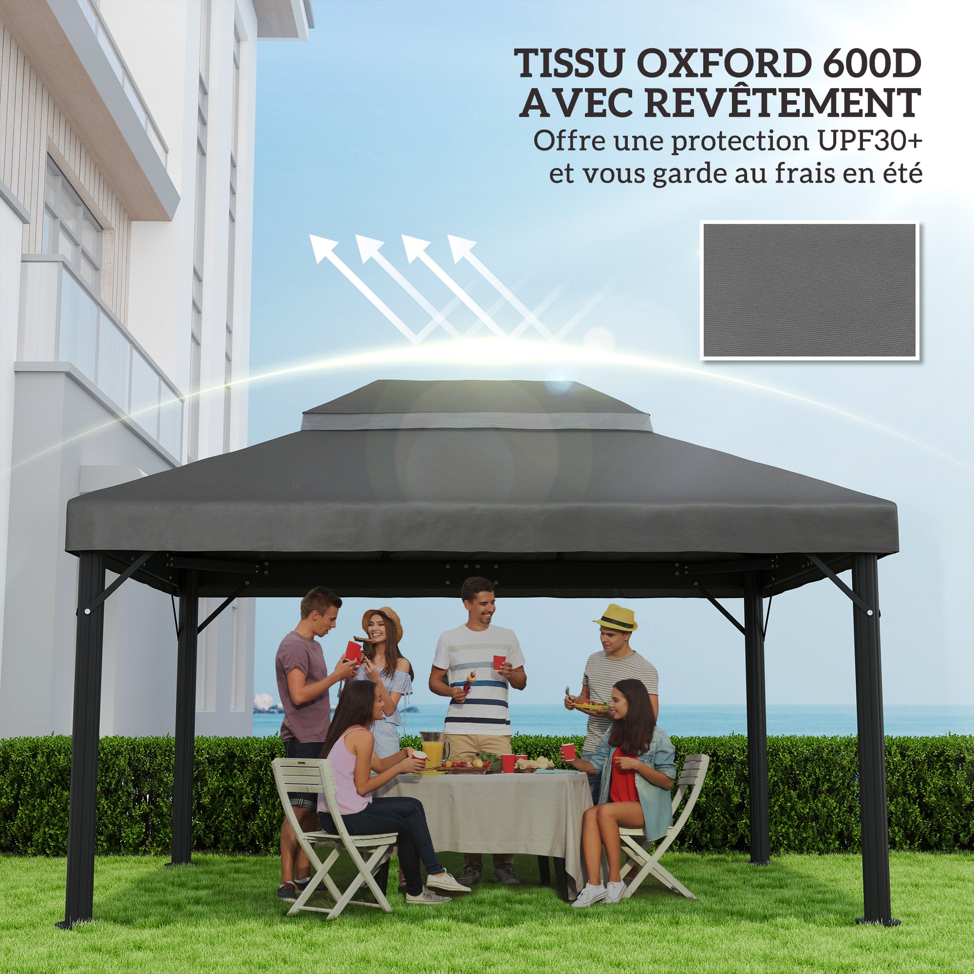 Replacement Canopy for Gazebo Tent Roof 4 x 3m, Double Roof with Drainage Holes, High Density 370g/m² Polyester, UPF30+ Sun Protection, CANOPY ONLY INCLUDED, Dark Gray