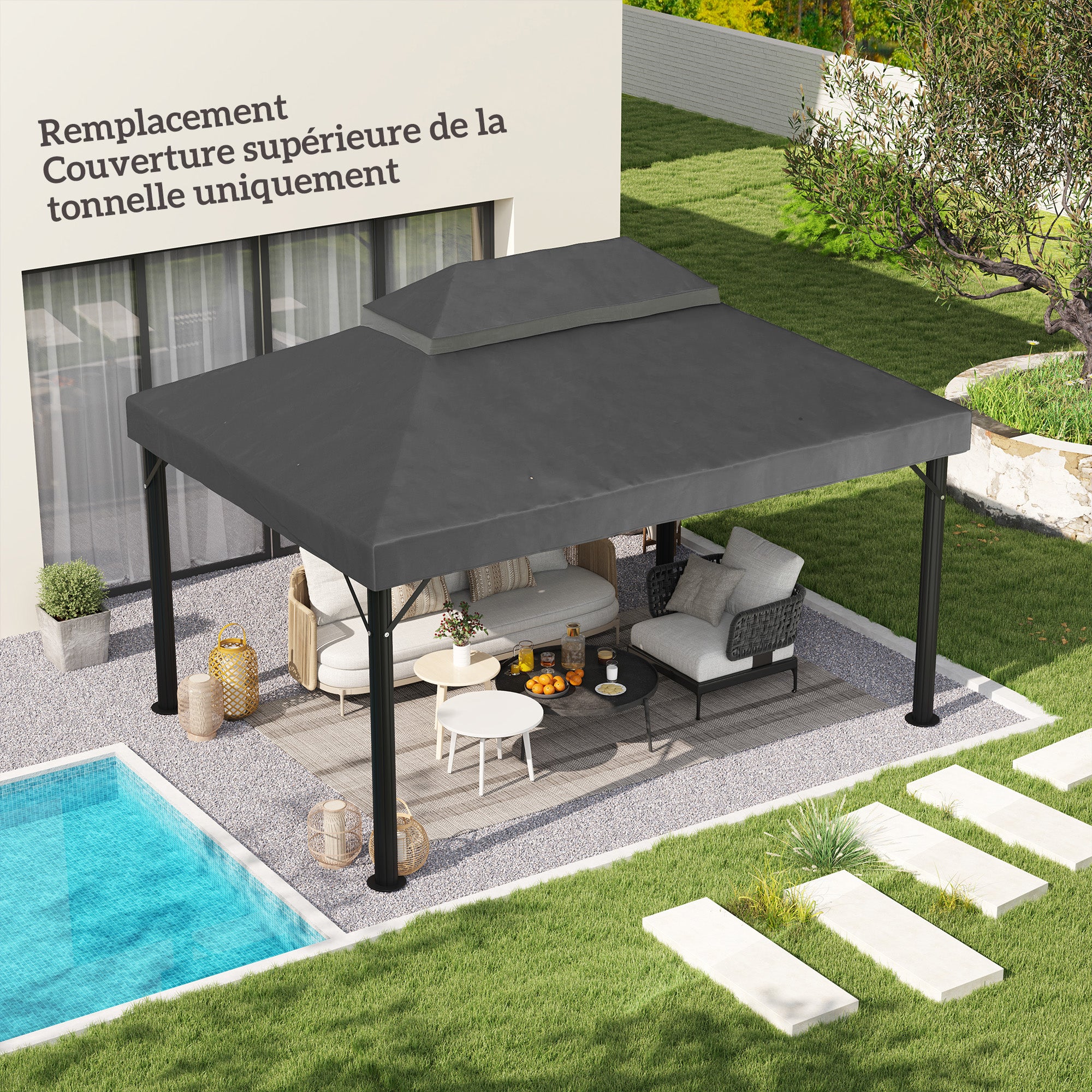 Replacement Canopy for Gazebo Tent Roof 4 x 3m, Double Roof with Drainage Holes, High Density 370g/m² Polyester, UPF30+ Sun Protection, CANOPY ONLY INCLUDED, Dark Gray