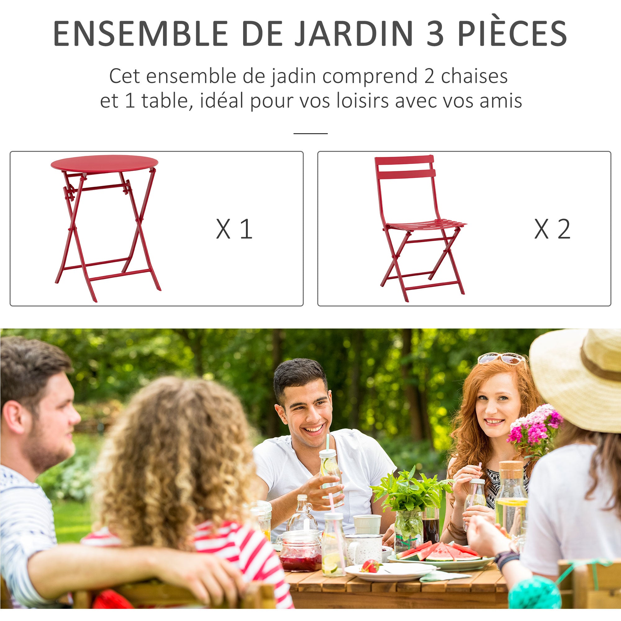 Folding bistro garden set - round table Ø 60 cm with 2 folding chairs - red powder-coated metal