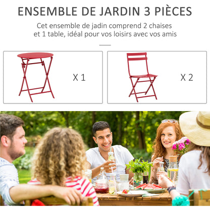 Folding bistro garden set - round table Ø 60 cm with 2 folding chairs - red powder-coated metal