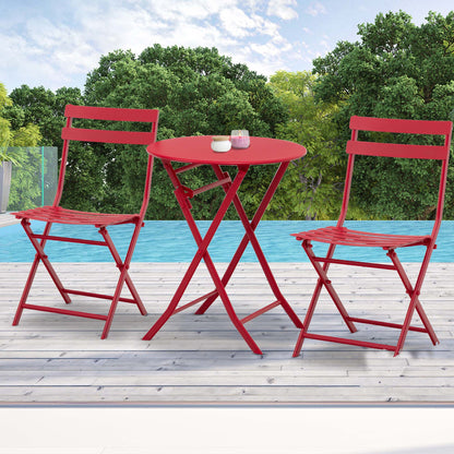 Folding bistro garden set - round table Ø 60 cm with 2 folding chairs - red powder-coated metal