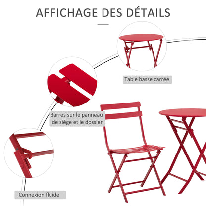 Folding bistro garden set - round table Ø 60 cm with 2 folding chairs - red powder-coated metal