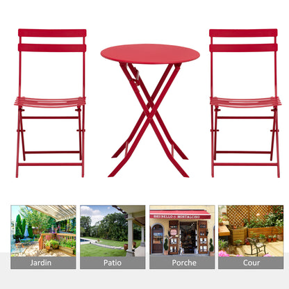 Folding bistro garden set - round table Ø 60 cm with 2 folding chairs - red powder-coated metal