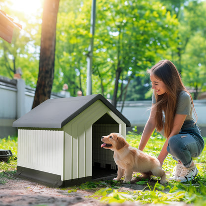 Dog House Outdoor Kennel with Asphalt Roof, Window, Weatherproof Small Pet House, Dog Cave for Mini and Small Dogs Gray 62 x 61 x 60 cm