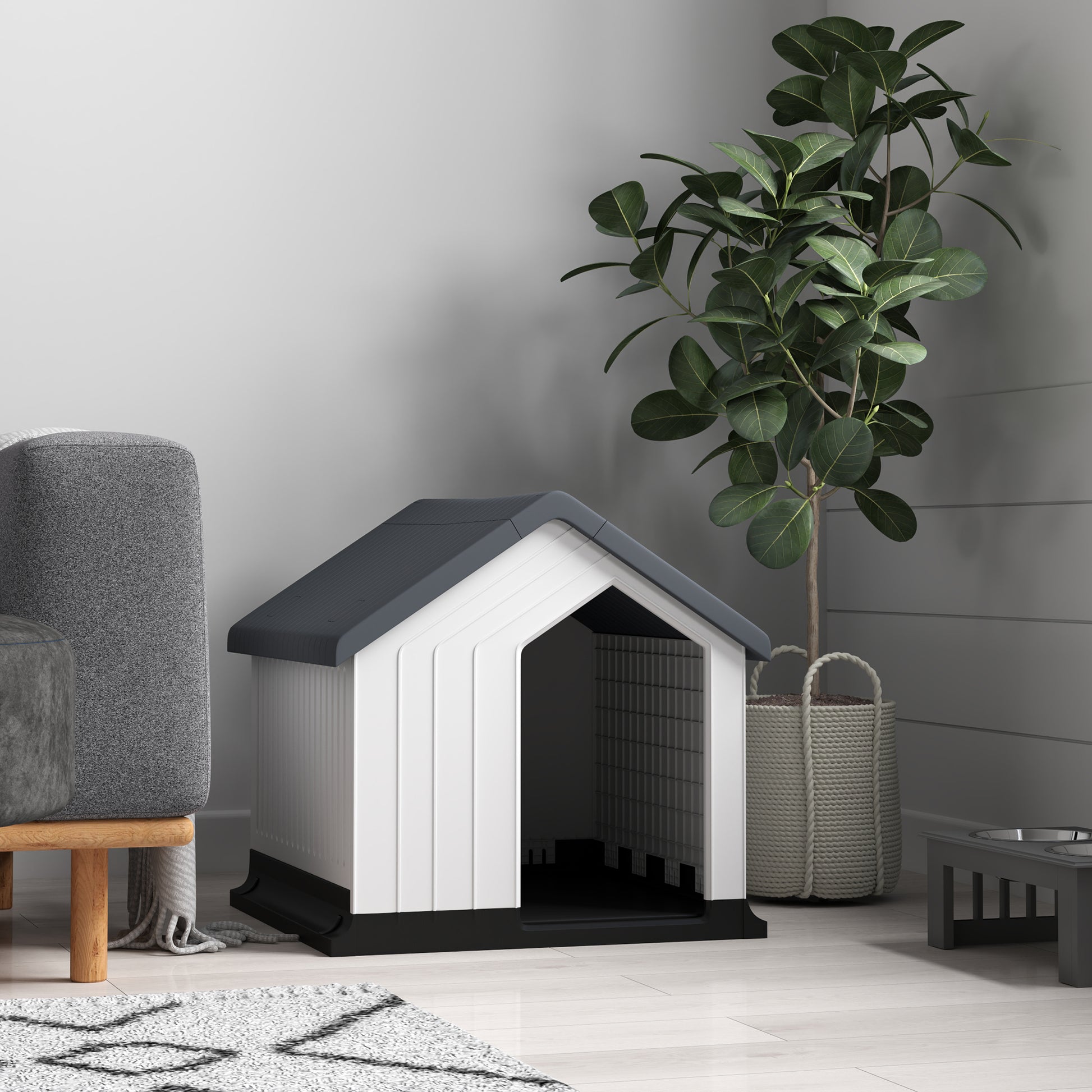Dog House Outdoor Kennel with Asphalt Roof, Window, Weatherproof Small Pet House, Dog Cave for Mini and Small Dogs Gray 62 x 61 x 60 cm