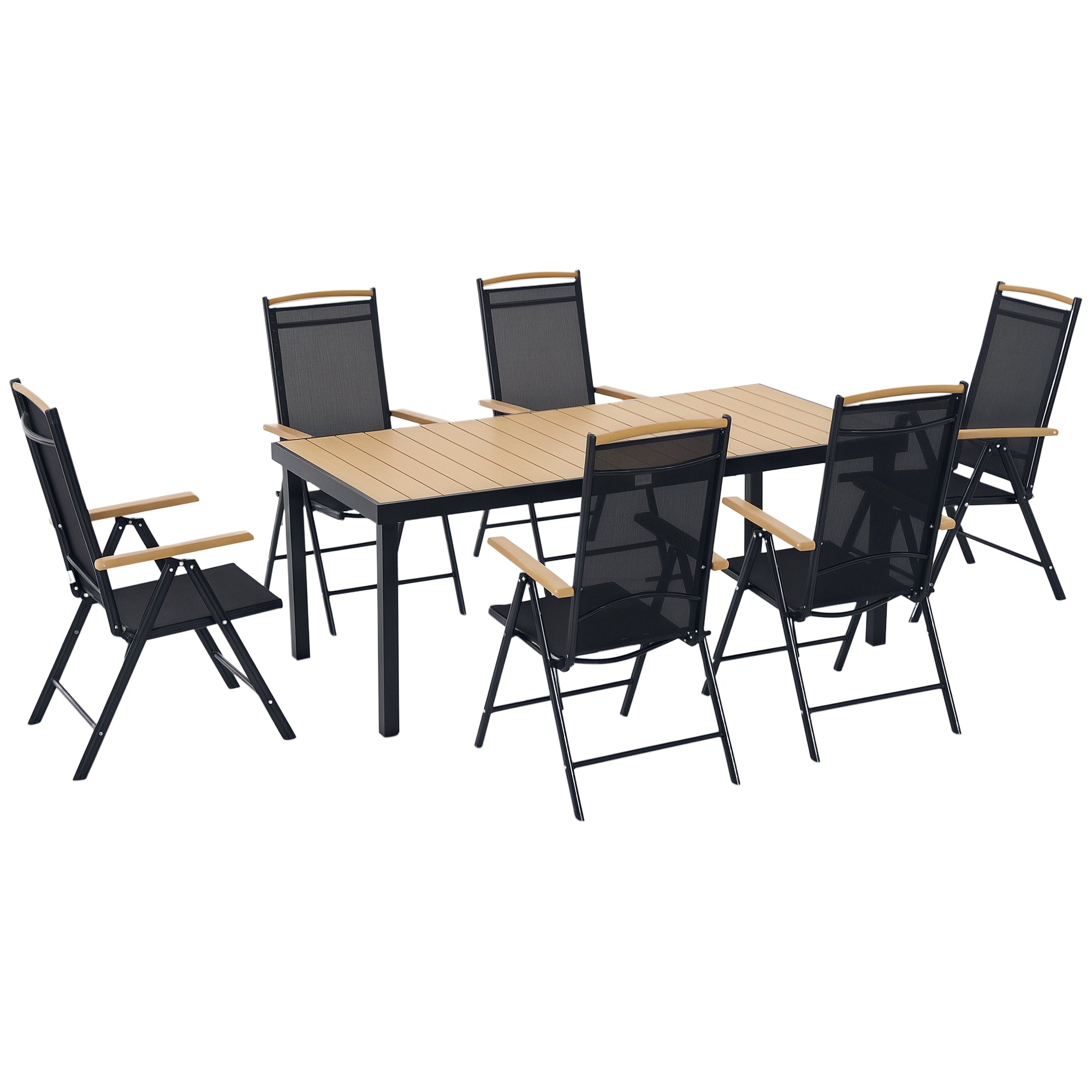 Table with 6 Foldable and Adjustable Garden Chairs in Texteline, 7-Piece Garden Furniture Set with Rectangular Table, Black