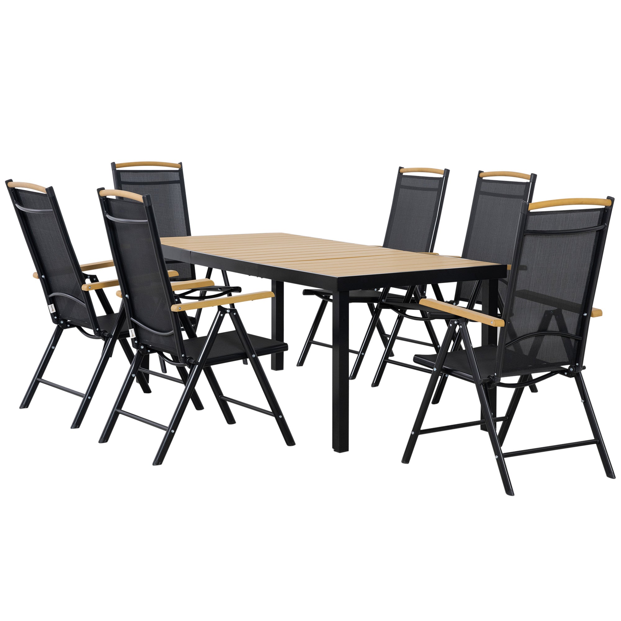 Table with 6 Foldable and Adjustable Garden Chairs in Texteline, 7-Piece Garden Furniture Set with Rectangular Table, Black