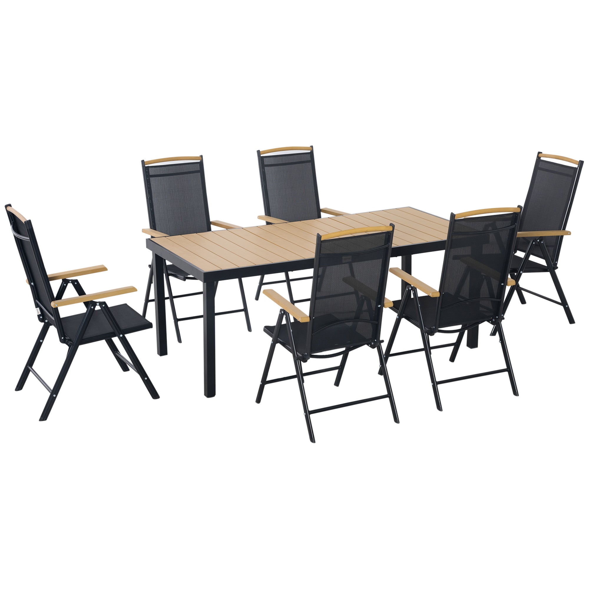 Table with 6 Foldable and Adjustable Garden Chairs in Texteline, 7-Piece Garden Furniture Set with Rectangular Table, Black