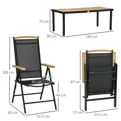 Table with 6 Foldable and Adjustable Garden Chairs in Texteline, 7-Piece Garden Furniture Set with Rectangular Table, Black