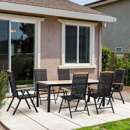 Table with 6 Foldable and Adjustable Garden Chairs in Texteline, 7-Piece Garden Furniture Set with Rectangular Table, Black