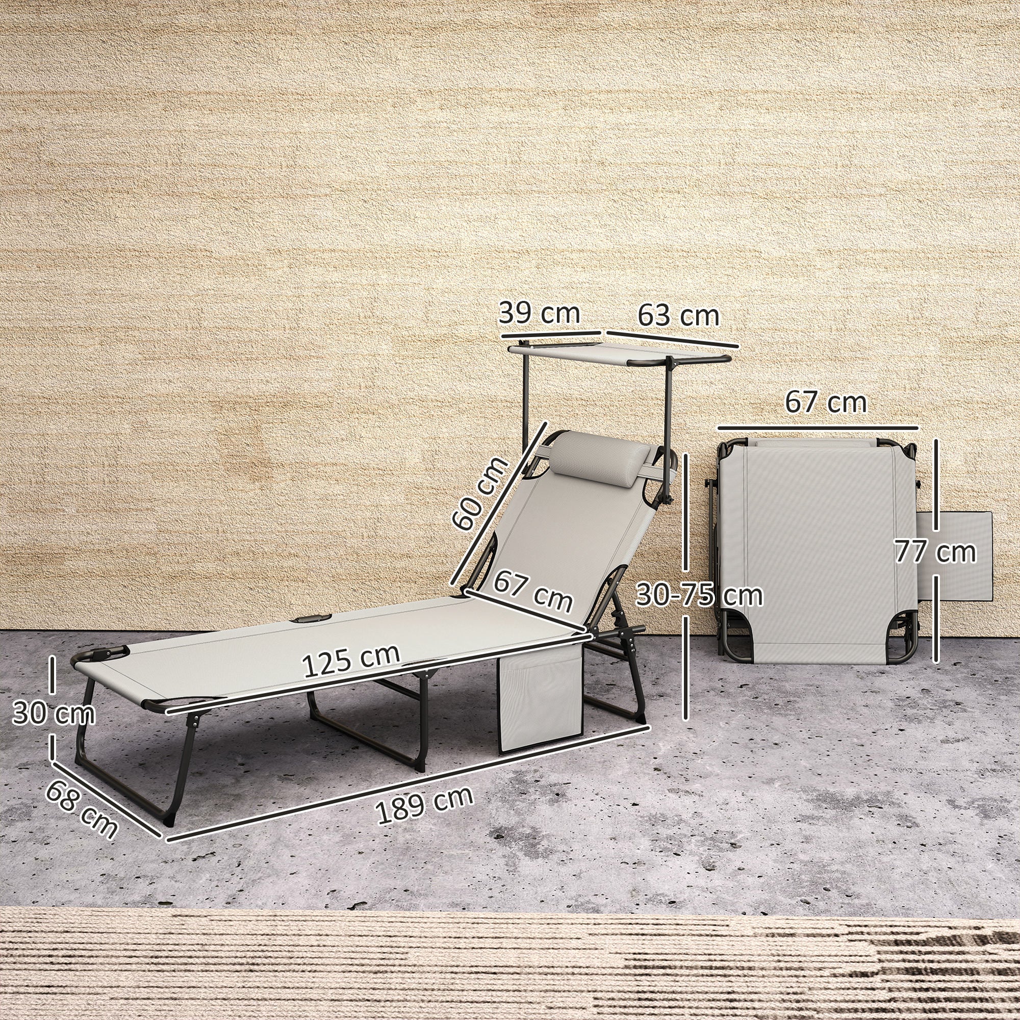 Folding Sun Lounger with Canopy Mattress, Recliner with 4-Position Adjustable Backrest, Weather-Resistant Camping Lounger up to 120 kg load capacity, Garden Chair for Outdoor Garden, Light Grey