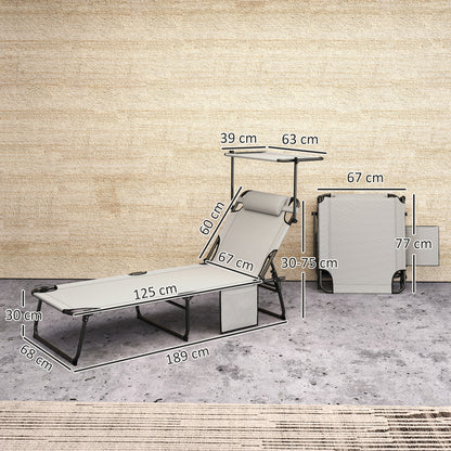 Folding Sun Lounger with Canopy Mattress, Recliner with 4-Position Adjustable Backrest, Weather-Resistant Camping Lounger up to 120 kg load capacity, Garden Chair for Outdoor Garden, Light Grey