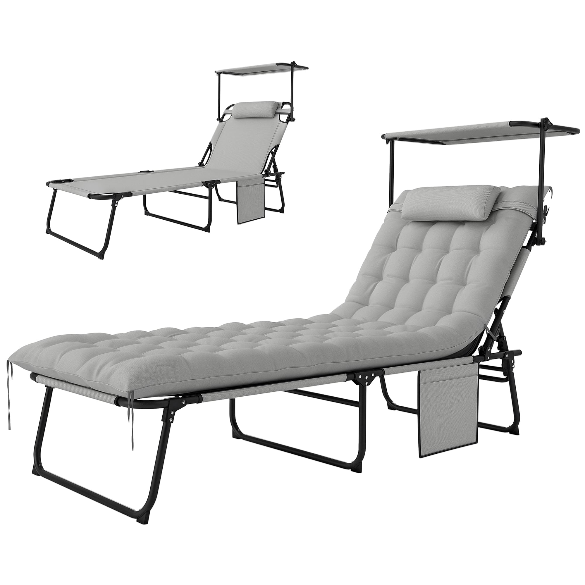 Folding Sun Lounger with Canopy Mattress, Recliner with 4-Position Adjustable Backrest, Weather-Resistant Camping Lounger up to 120 kg load capacity, Garden Chair for Outdoor Garden, Light Grey