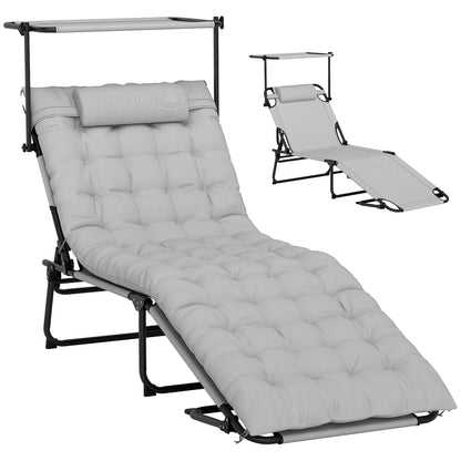 Folding Sun Lounger with Canopy Mattress, Recliner with 4-Position Adjustable Backrest, Weather-Resistant Camping Lounger up to 120 kg load capacity, Garden Chair for Outdoor Garden, Light Grey