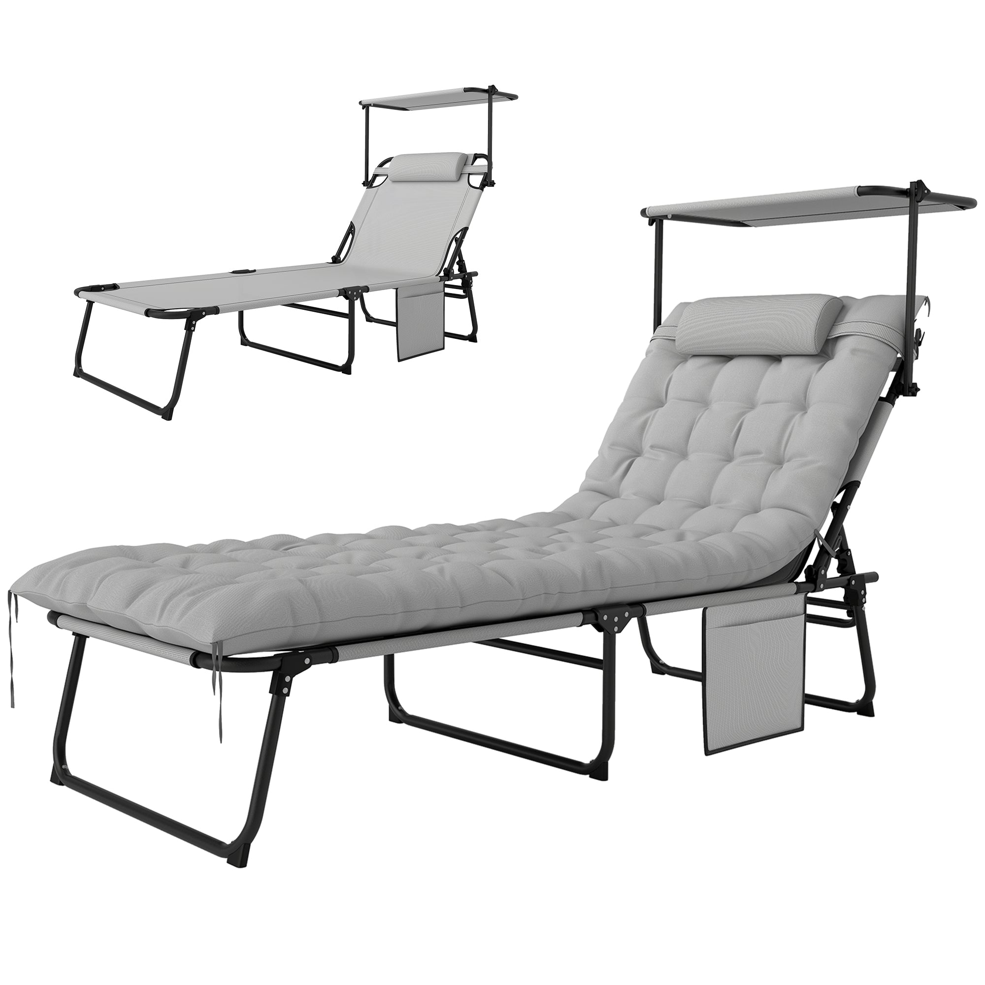 Folding Sun Lounger with Canopy Mattress, Recliner with 4-Position Adjustable Backrest, Weather-Resistant Camping Lounger up to 120 kg load capacity, Garden Chair for Outdoor Garden, Light Grey