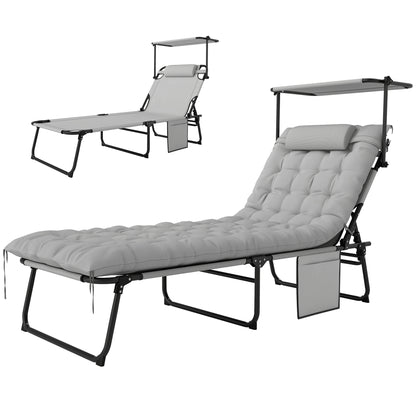 Folding Sun Lounger with Canopy Mattress, Recliner with 4-Position Adjustable Backrest, Weather-Resistant Camping Lounger up to 120 kg load capacity, Garden Chair for Outdoor Garden, Light Grey