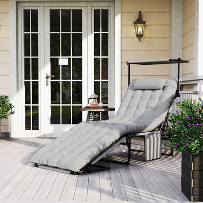 Folding Sun Lounger with Canopy Mattress, Recliner with 4-Position Adjustable Backrest, Weather-Resistant Camping Lounger up to 120 kg load capacity, Garden Chair for Outdoor Garden, Light Grey