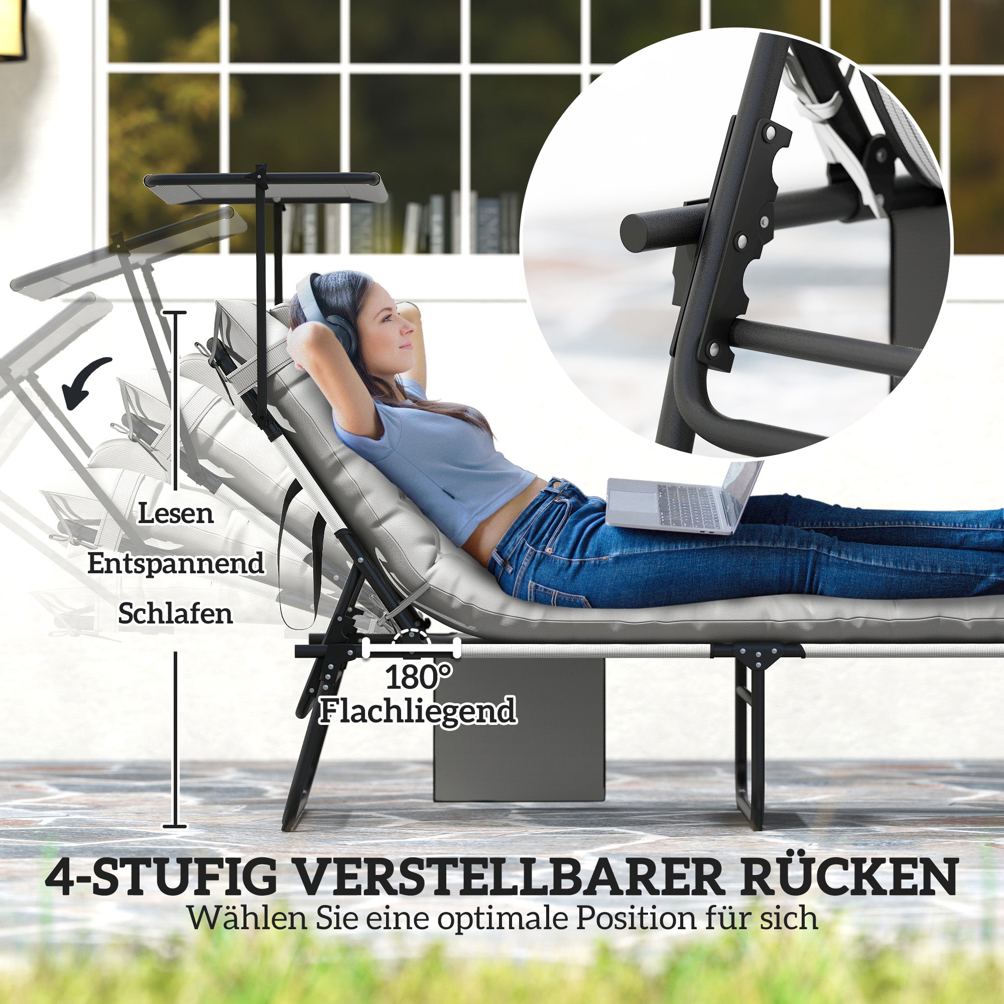 Folding Sun Lounger with Canopy Mattress, Recliner with 4-Position Adjustable Backrest, Weather-Resistant Camping Lounger up to 120 kg load capacity, Garden Chair for Outdoor Garden, Light Grey