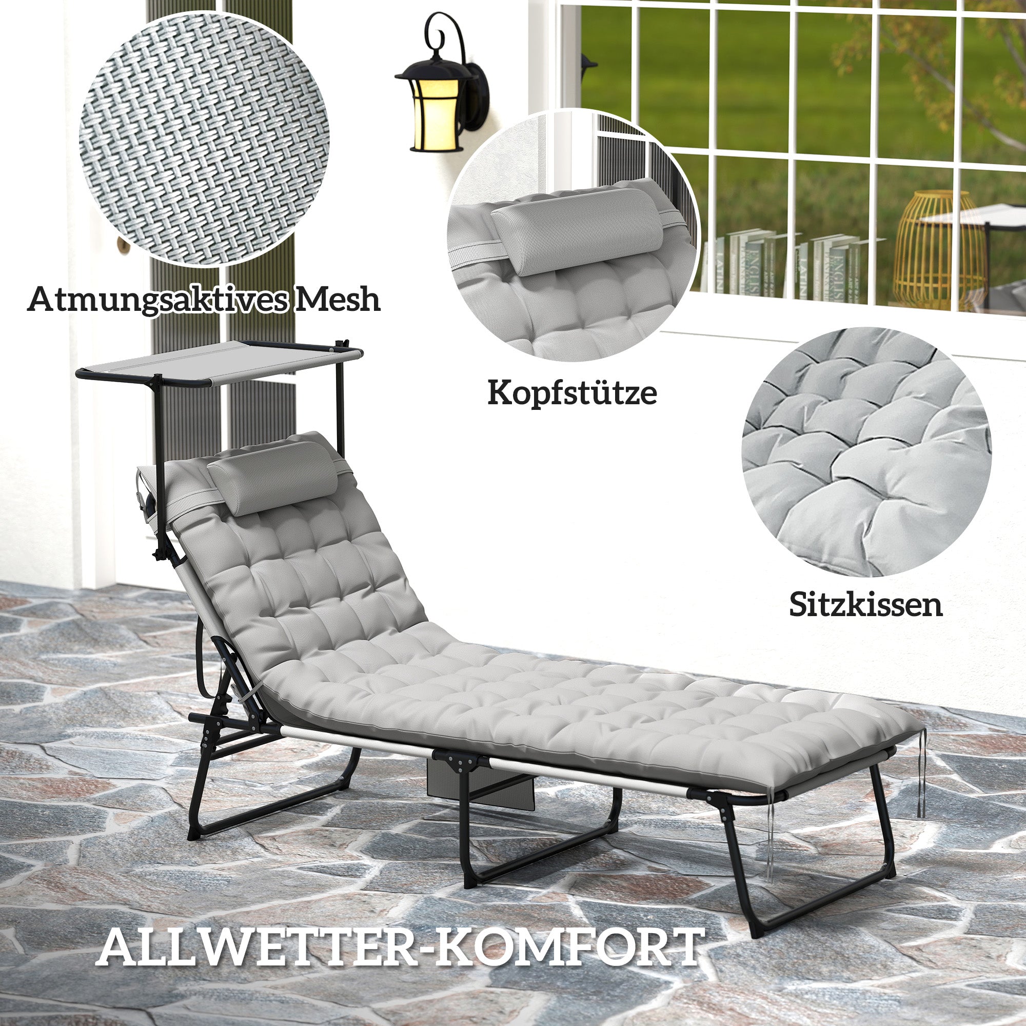 Folding Sun Lounger with Canopy Mattress, Recliner with 4-Position Adjustable Backrest, Weather-Resistant Camping Lounger up to 120 kg load capacity, Garden Chair for Outdoor Garden, Light Grey