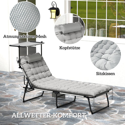 Folding Sun Lounger with Canopy Mattress, Recliner with 4-Position Adjustable Backrest, Weather-Resistant Camping Lounger up to 120 kg load capacity, Garden Chair for Outdoor Garden, Light Grey