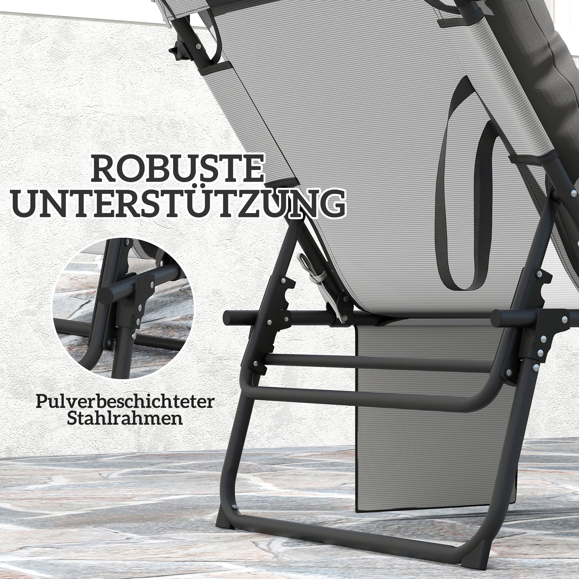 Folding Sun Lounger with Canopy Mattress, Recliner with 4-Position Adjustable Backrest, Weather-Resistant Camping Lounger up to 120 kg load capacity, Garden Chair for Outdoor Garden, Light Grey
