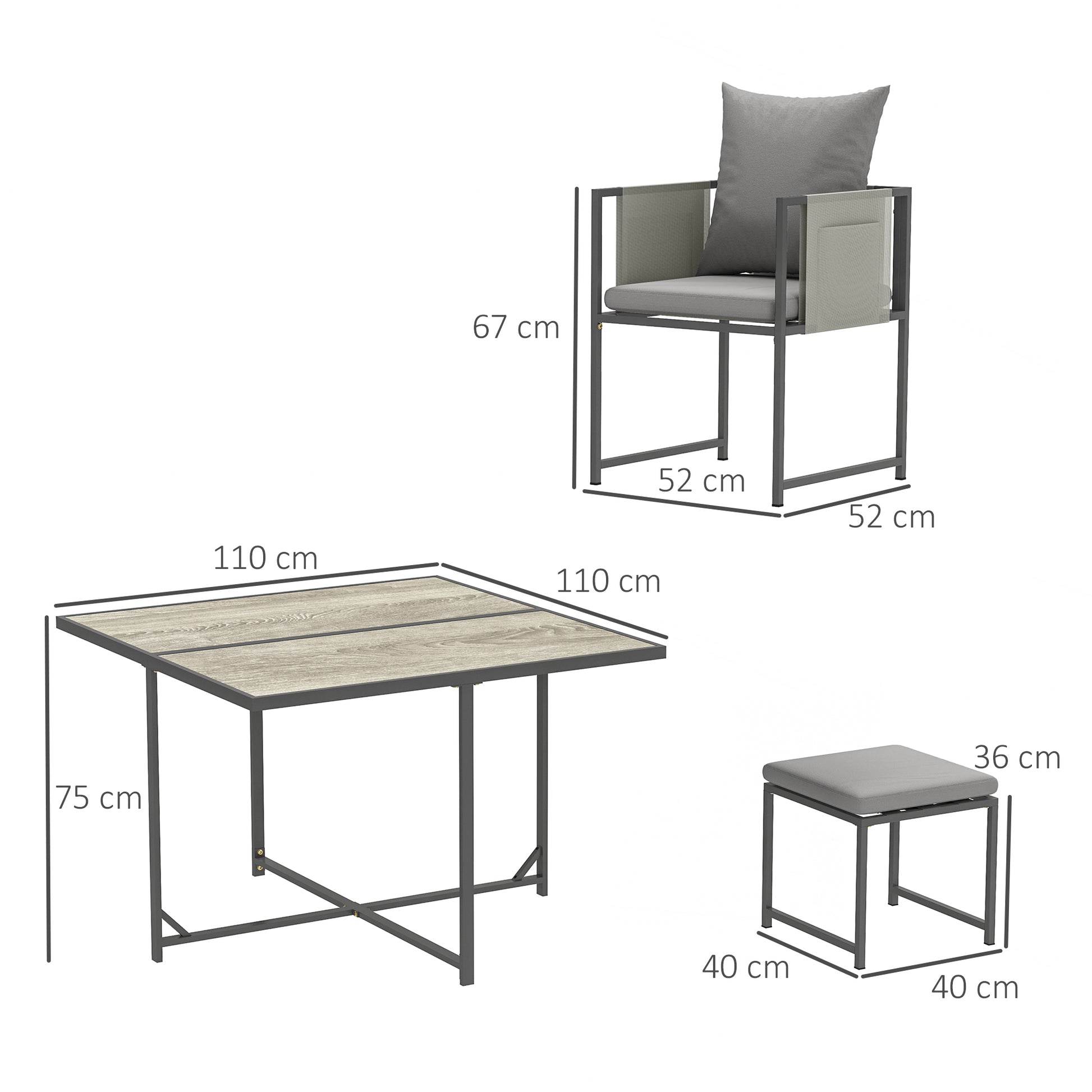 9-Piece Garden Table Set with Chairs, Dining Set with PSPC Table Top, 4 Footrests, 4 Chairs with Pockets, Washable Cushions and Armrests, Steel Furniture Set, Grey