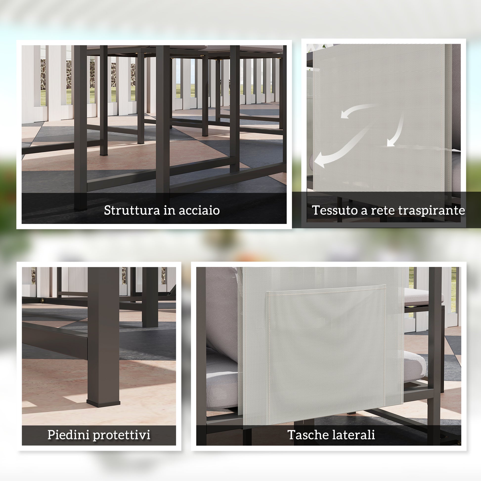 9-Piece Garden Table Set with Chairs, Dining Set with PSPC Table Top, 4 Footrests, 4 Chairs with Pockets, Washable Cushions and Armrests, Steel Furniture Set, Grey