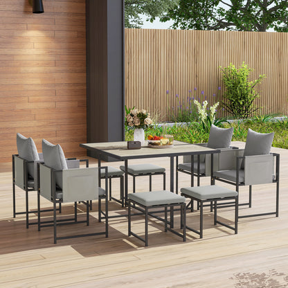9-Piece Garden Table Set with Chairs, Dining Set with PSPC Table Top, 4 Footrests, 4 Chairs with Pockets, Washable Cushions and Armrests, Steel Furniture Set, Grey
