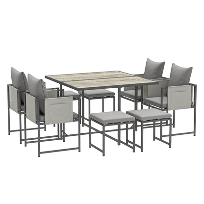 9-Piece Garden Table Set with Chairs, Dining Set with PSPC Table Top, 4 Footrests, 4 Chairs with Pockets, Washable Cushions and Armrests, Steel Furniture Set, Grey
