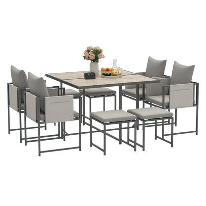 9-Piece Garden Table Set with Chairs, Dining Set with PSPC Table Top, 4 Footrests, 4 Chairs with Pockets, Washable Cushions and Armrests, Steel Furniture Set, Grey