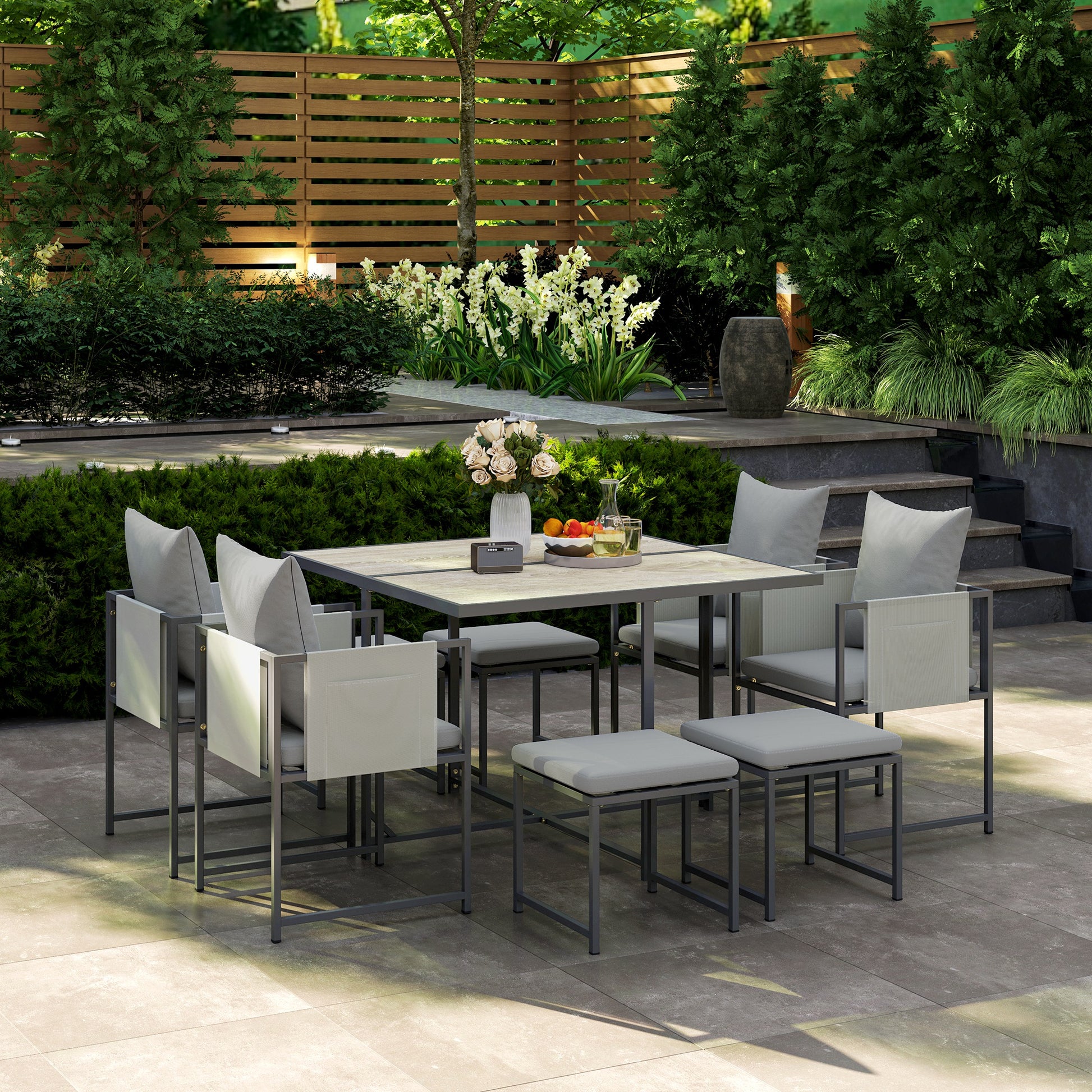 9-Piece Garden Table Set with Chairs, Dining Set with PSPC Table Top, 4 Footrests, 4 Chairs with Pockets, Washable Cushions and Armrests, Steel Furniture Set, Grey