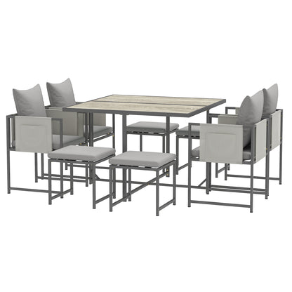 9-Piece Garden Table Set with Chairs, Dining Set with PSPC Table Top, 4 Footrests, 4 Chairs with Pockets, Washable Cushions and Armrests, Steel Furniture Set, Grey