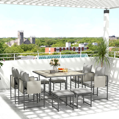 9-Piece Garden Table Set with Chairs, Dining Set with PSPC Table Top, 4 Footrests, 4 Chairs with Pockets, Washable Cushions and Armrests, Steel Furniture Set, Grey