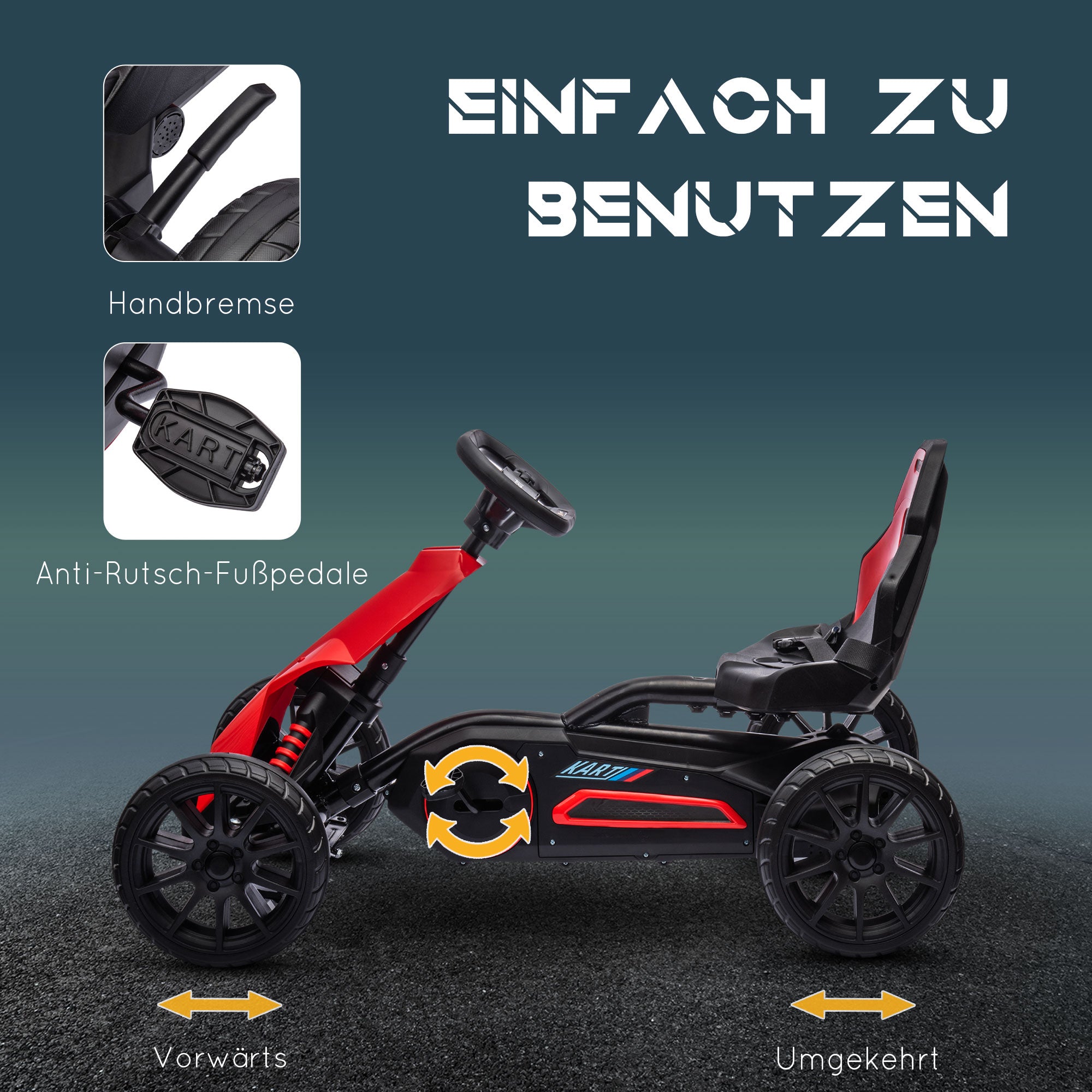 Go-Kart Pedal Car with Hand Brake, Adjustable Seat, Forward and Reverse Gears, Pedal Vehicle with EVA Wheels, Pedal, Kid's Kettcar for Children 3-8 Years Old Red