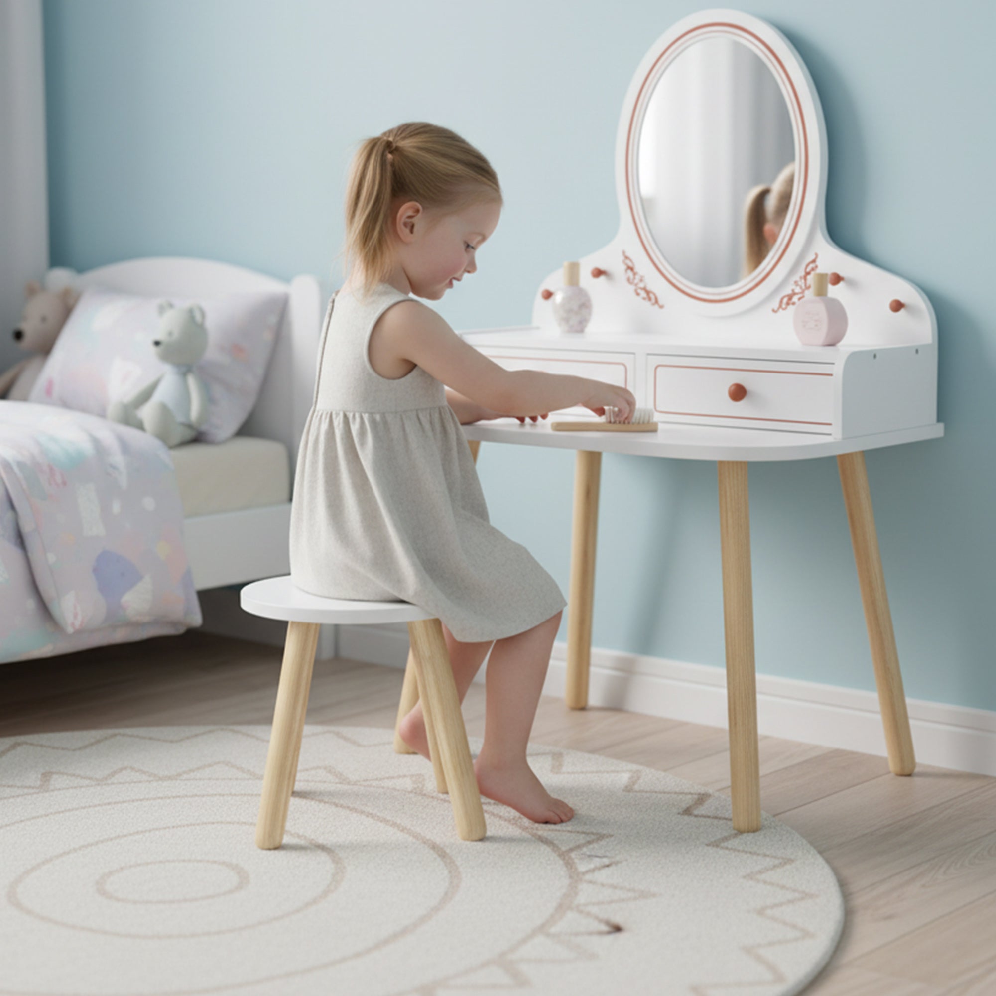 Kids Vanity Set with Stool & Mirror — Makeup Table with Drawers & Hanging Rods for Girls, Ages 3–8 — White