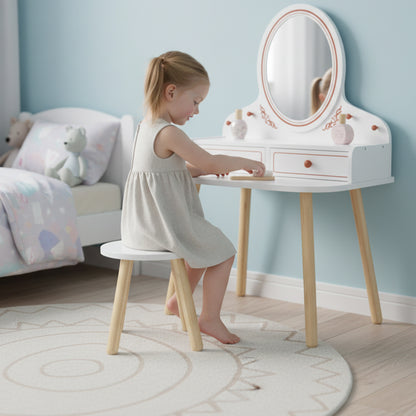 Kids Vanity Set with Stool & Mirror — Makeup Table with Drawers & Hanging Rods for Girls, Ages 3–8 — White