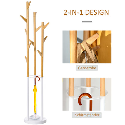 Coat Rack, Clothes Stand with 12 Hooks and Umbrella Stand, Tree-Shaped Wardrobe, Modern Coat Stand for Clothing, Hat, Bag, for Living Room, Bedroom, Bamboo, Natural+White