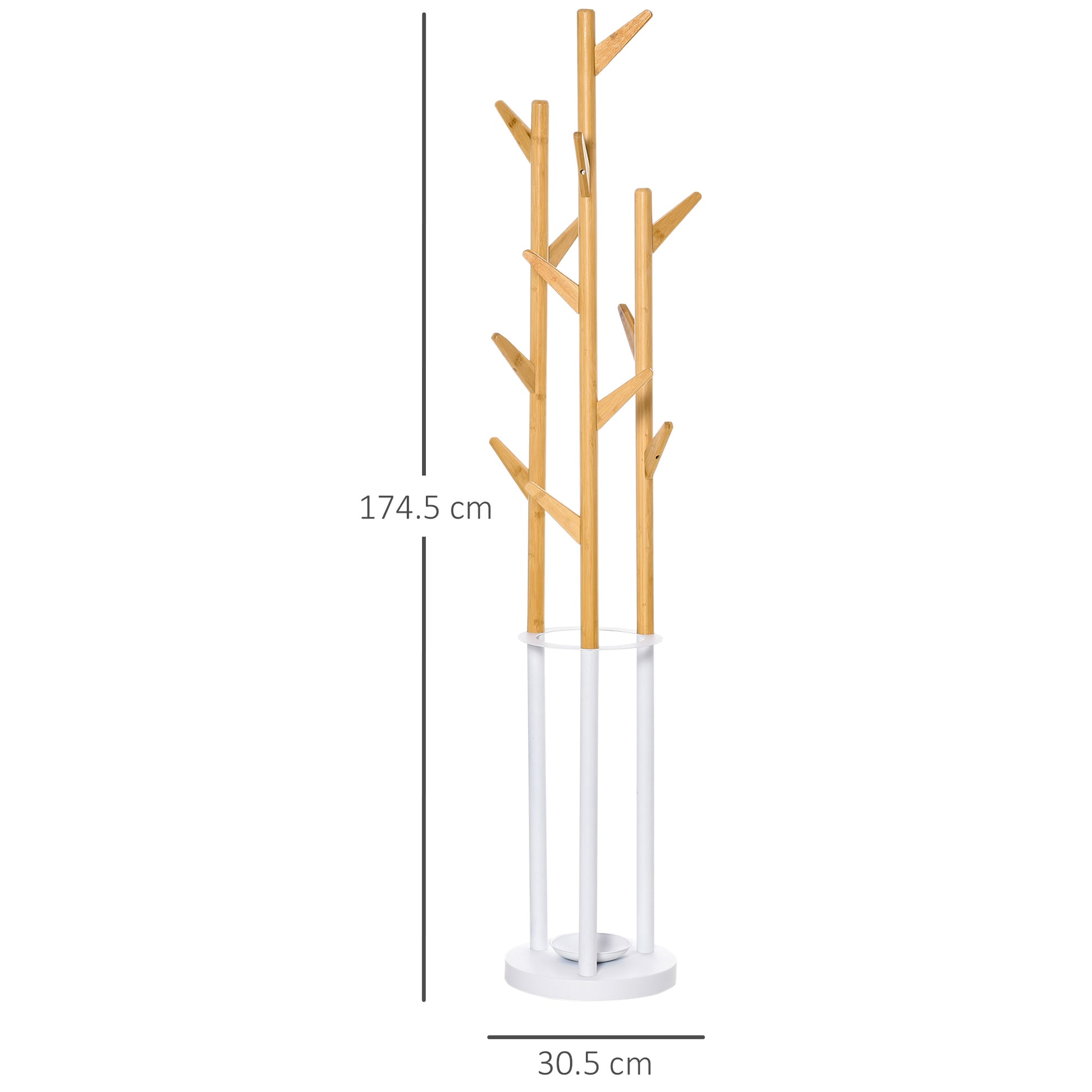 Coat Rack, Clothes Stand with 12 Hooks and Umbrella Stand, Tree-Shaped Wardrobe, Modern Coat Stand for Clothing, Hat, Bag, for Living Room, Bedroom, Bamboo, Natural+White