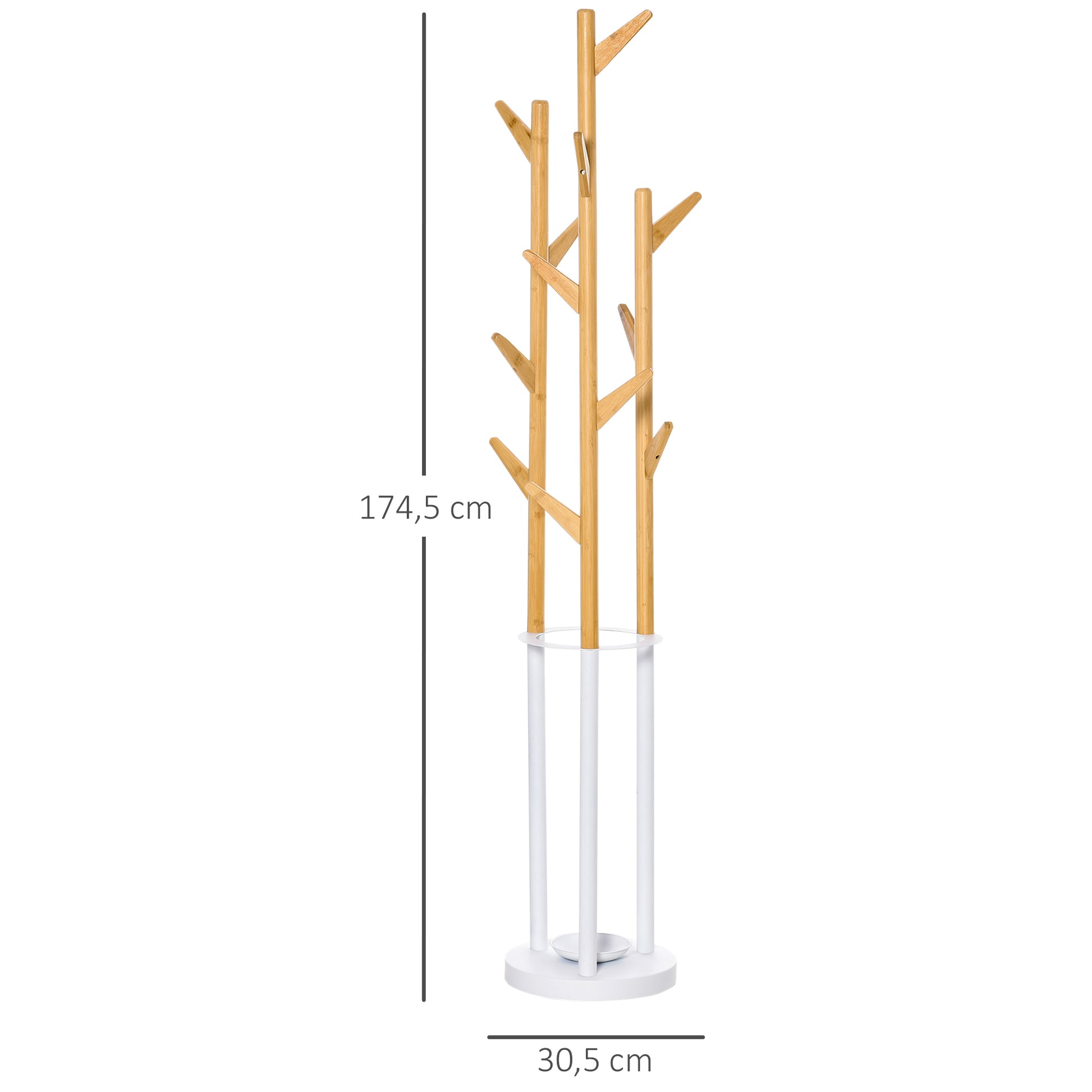 Coat Rack, Clothes Stand with 12 Hooks and Umbrella Stand, Tree-Shaped Wardrobe, Modern Coat Stand for Clothing, Hat, Bag, for Living Room, Bedroom, Bamboo, Natural+White